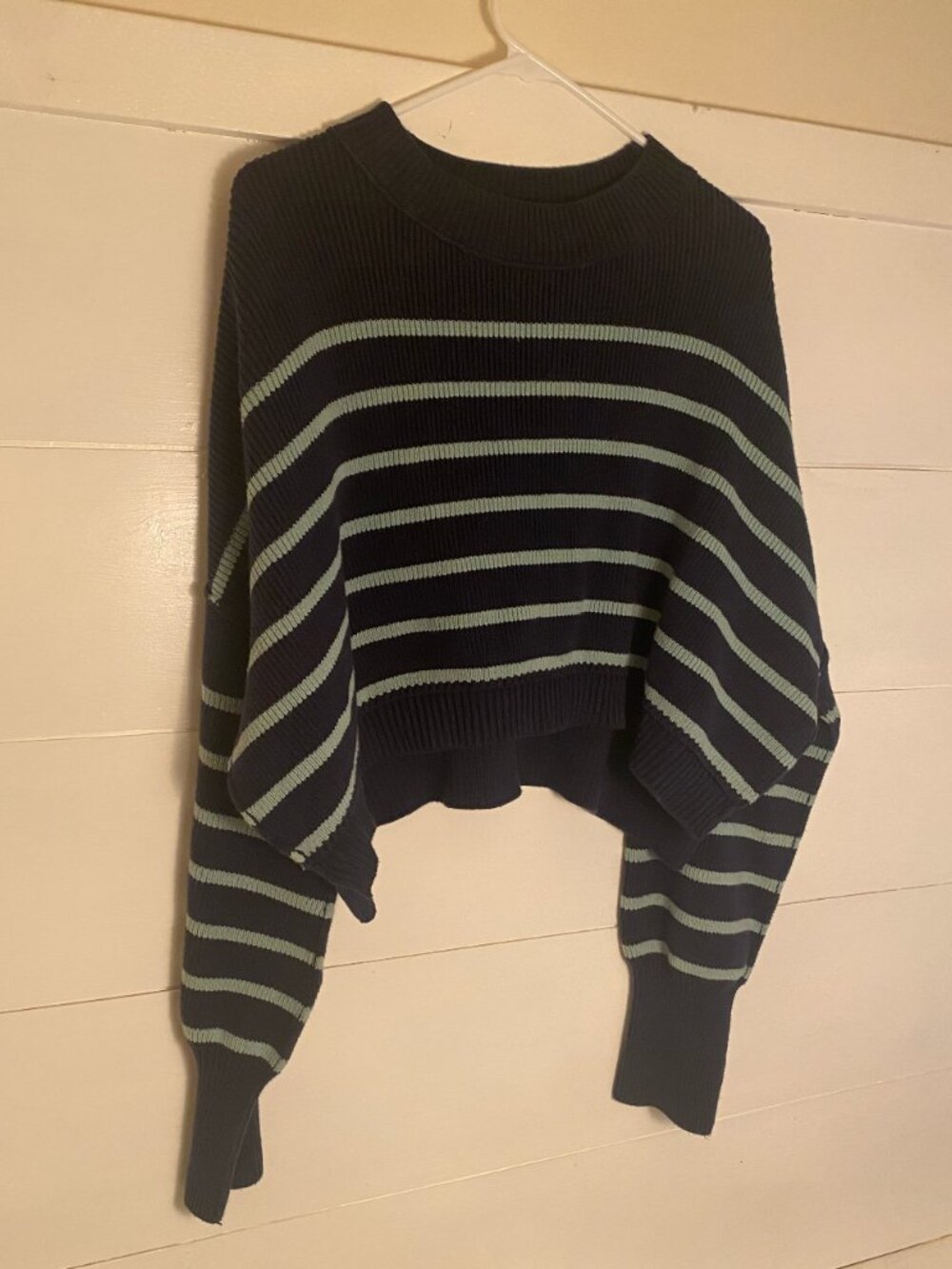 Free People Navy Mint Striped Oversized Dolman Sweater Size L - Picture 2 of 6